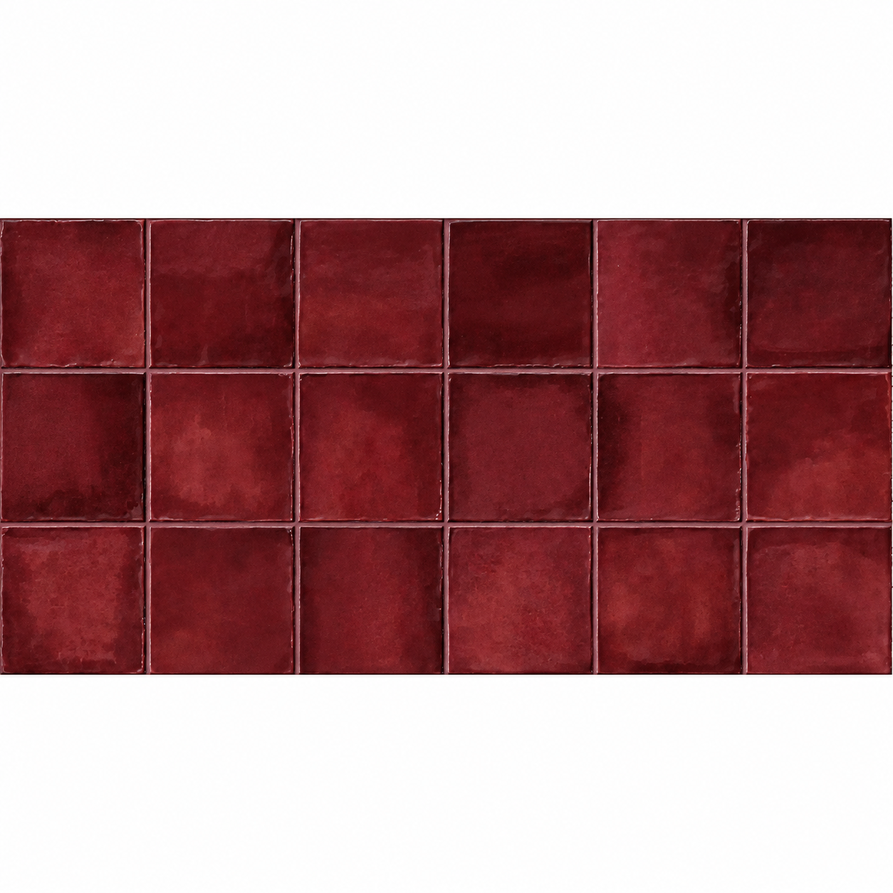 Dakota Port 32 × 62.5cm burgundy porcelain tile showing its glossy square zellige effect and tonal variation.