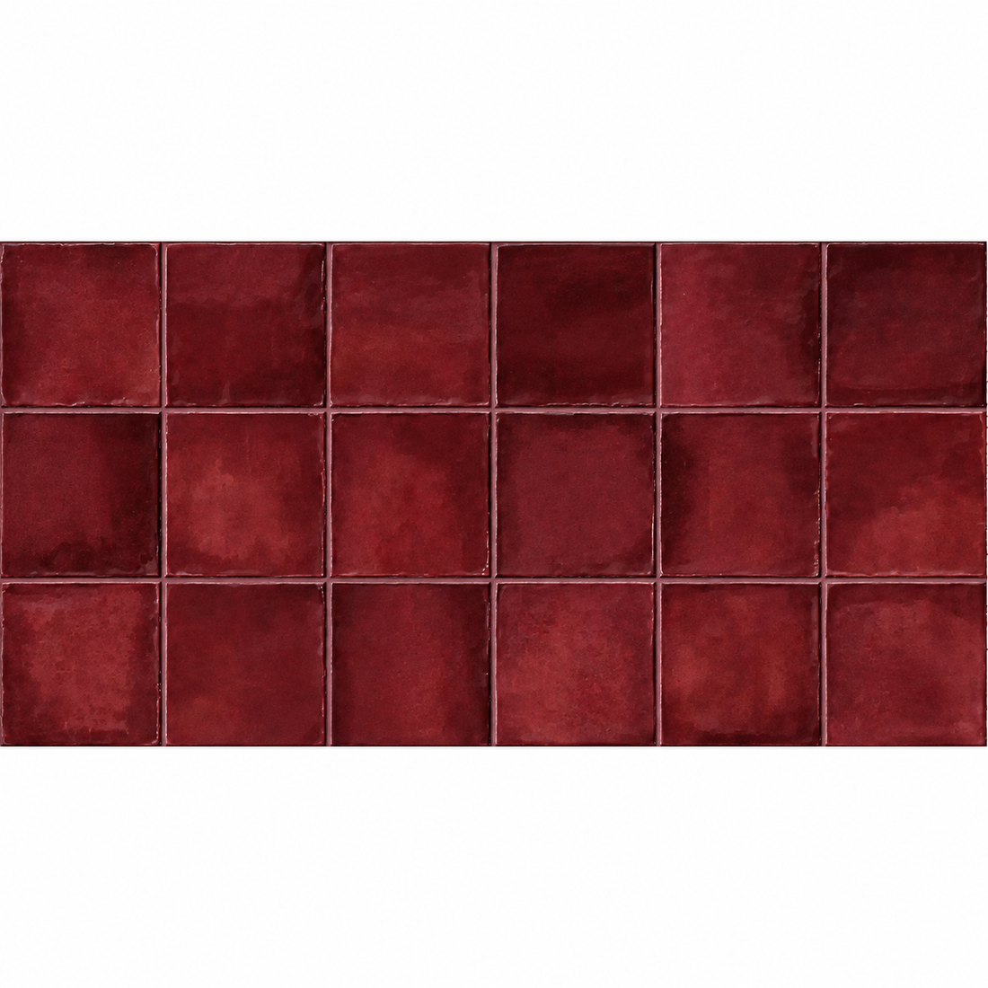Dakota Port 32 × 62.5cm burgundy porcelain tile showing its glossy square zellige effect and tonal variation.