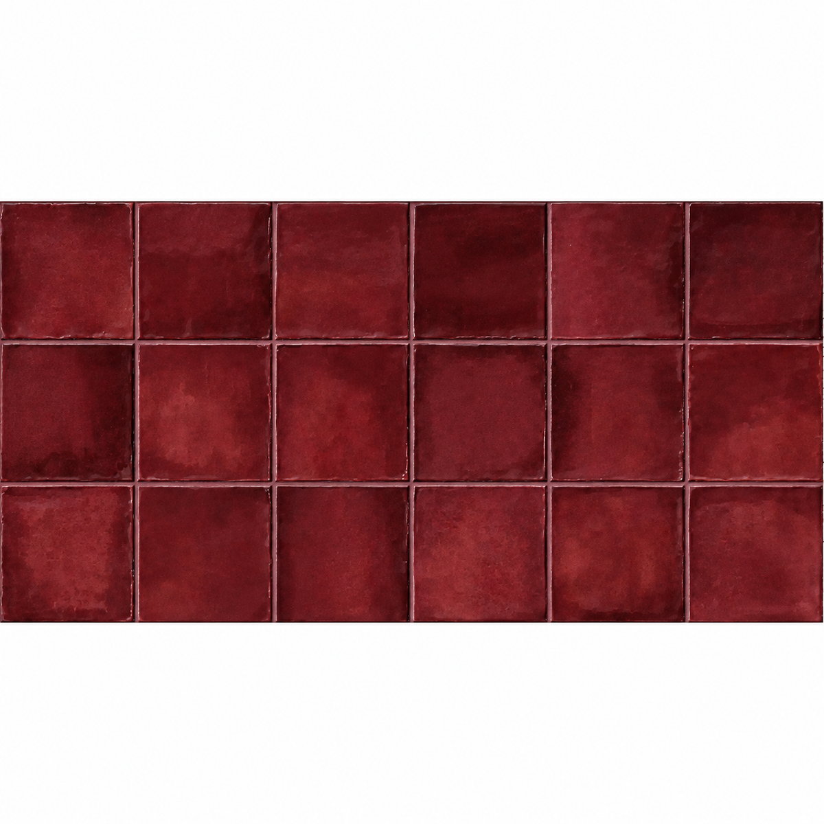 Dakota Port 32 × 62.5cm burgundy porcelain tile showing its glossy square zellige effect and tonal variation.