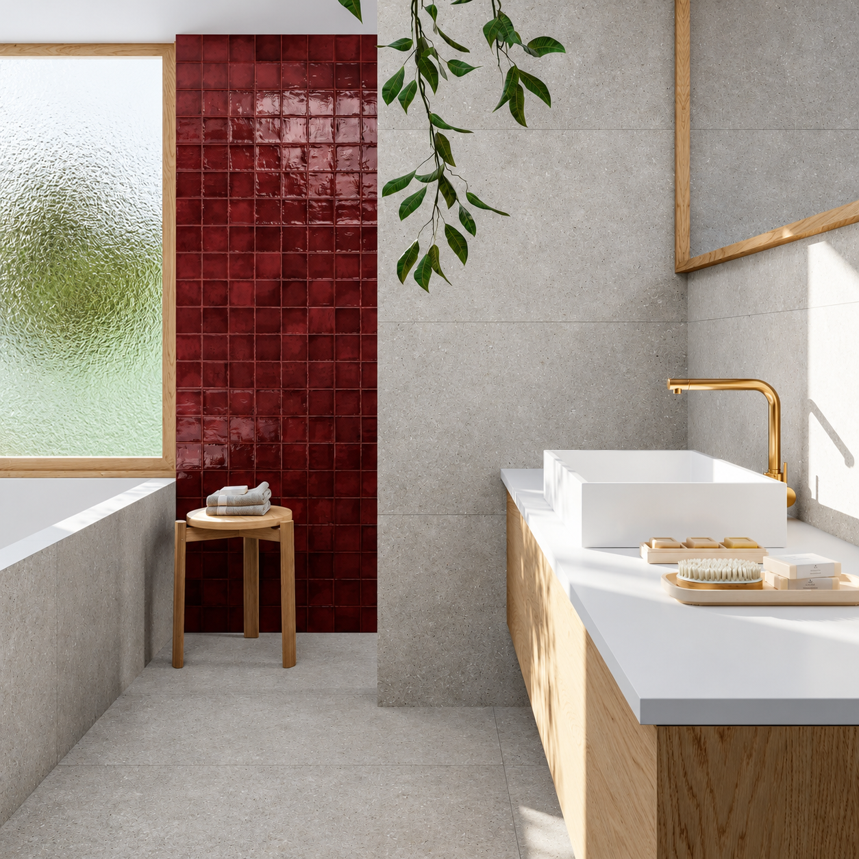 Dakota Port burgundy gloss feature wall in a pale grey bathroom with an oak vanity and brass tap.