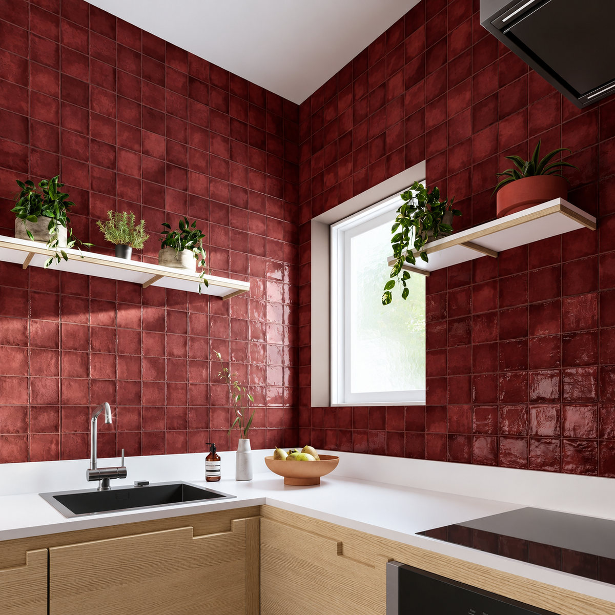 Dakota Port wine-red zellige effect splashback and island cladding in a contemporary timber kitchen.