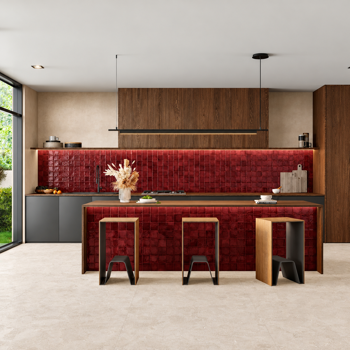 Dakota Port burgundy gloss porcelain kitchen wall tiles above oak cabinets and white worktops.