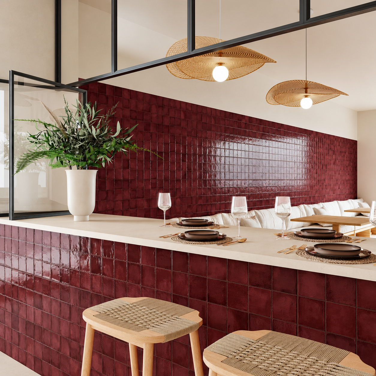 Dakota Port burgundy gloss tiles on a breakfast bar and dining feature wall with woven stools and pendant lights.