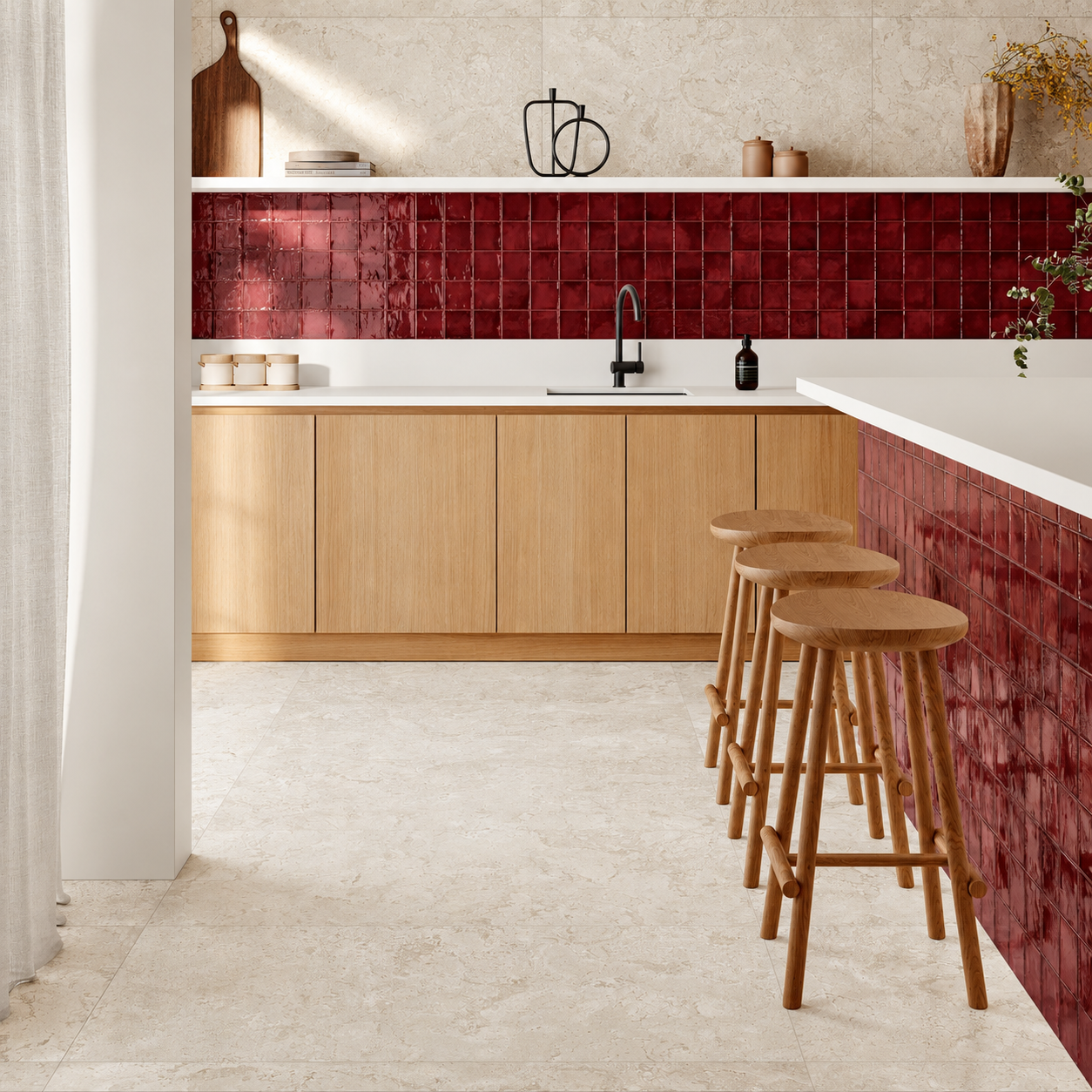 Dakota Port burgundy zellige effect splashback and island cladding in an oak kitchen with white worktops.