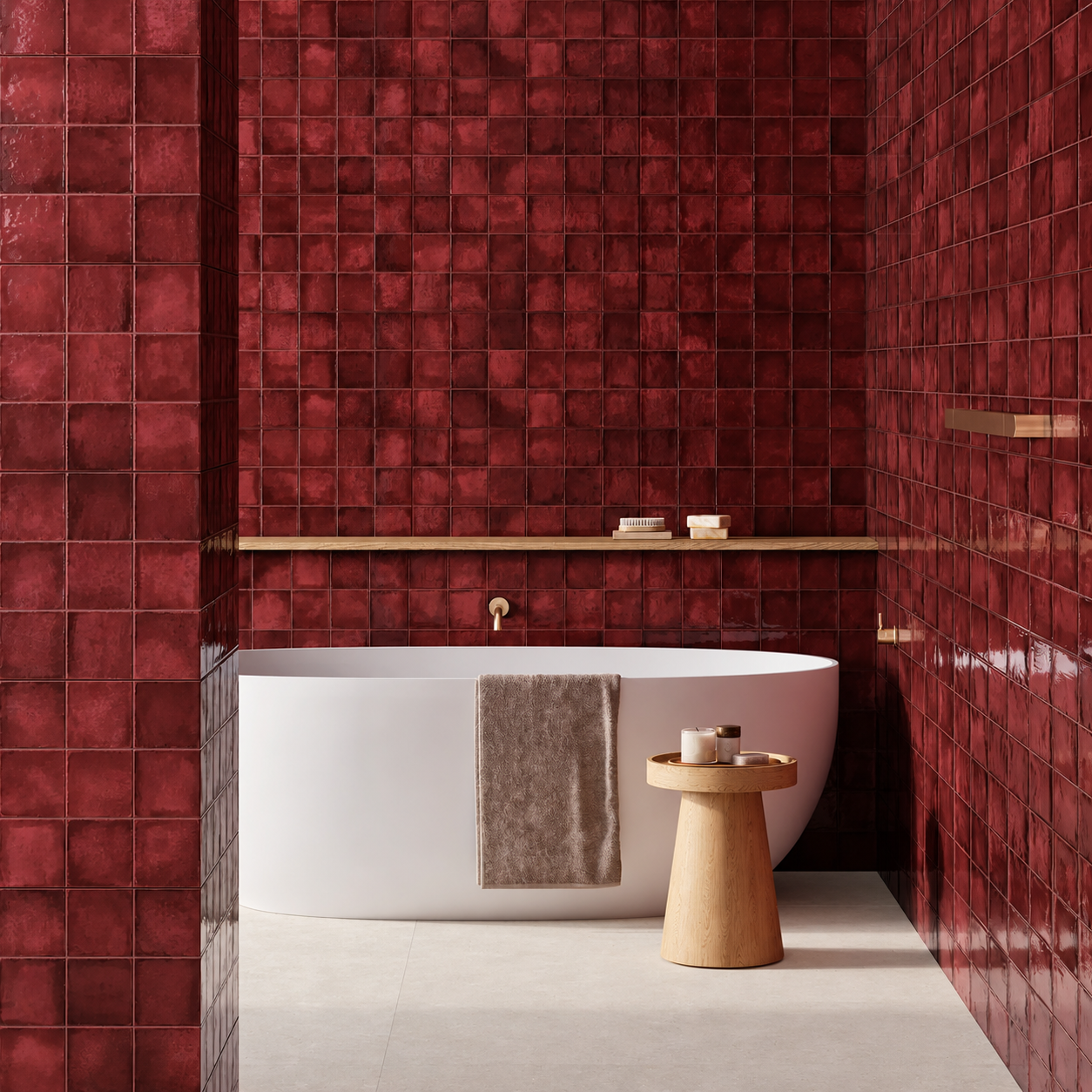 Dakota Port wine-red gloss porcelain wall tiles surrounding a white freestanding bath with brass fittings.