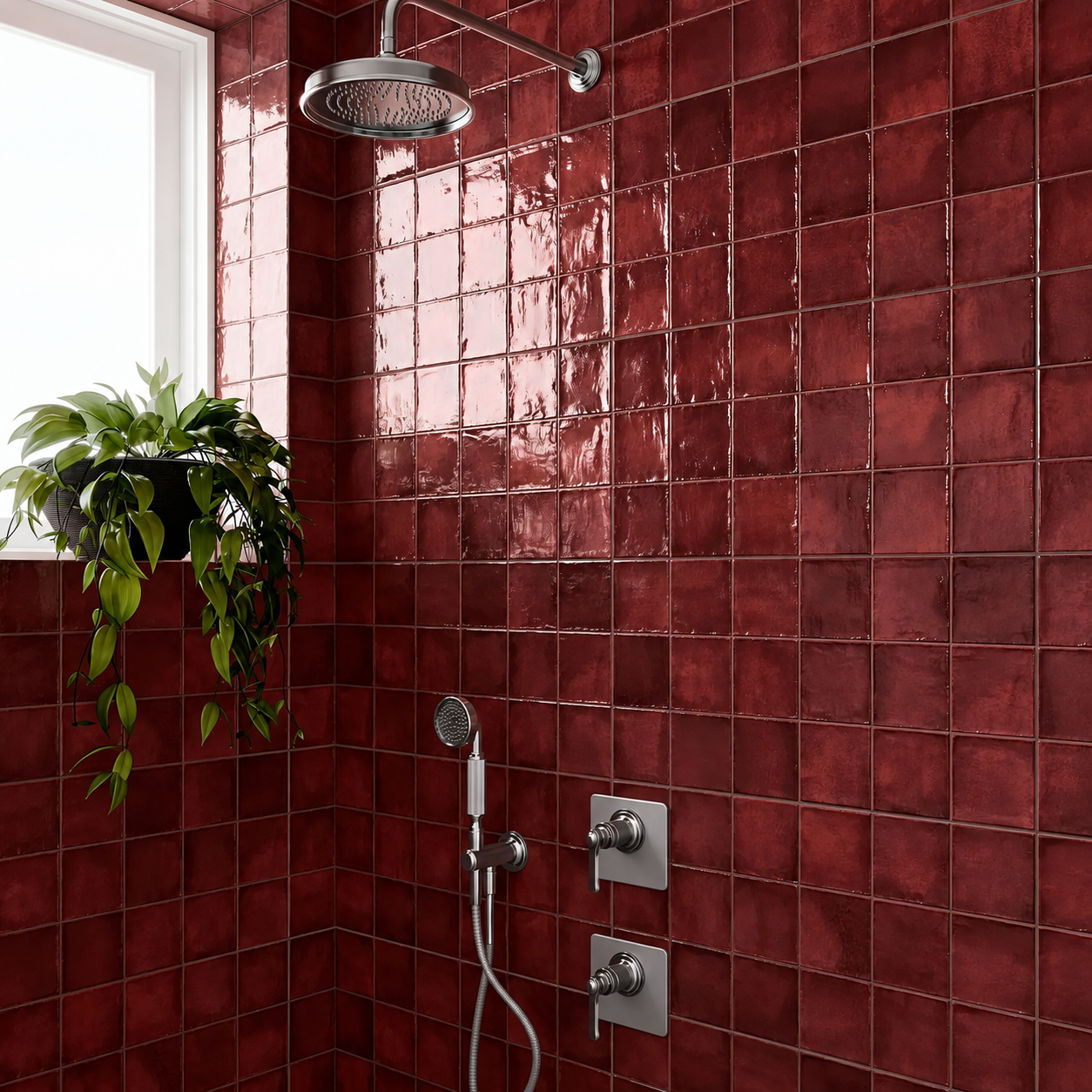 Dakota Port burgundy gloss zellige effect tiles on shower walls with chrome fittings and a trailing plant.