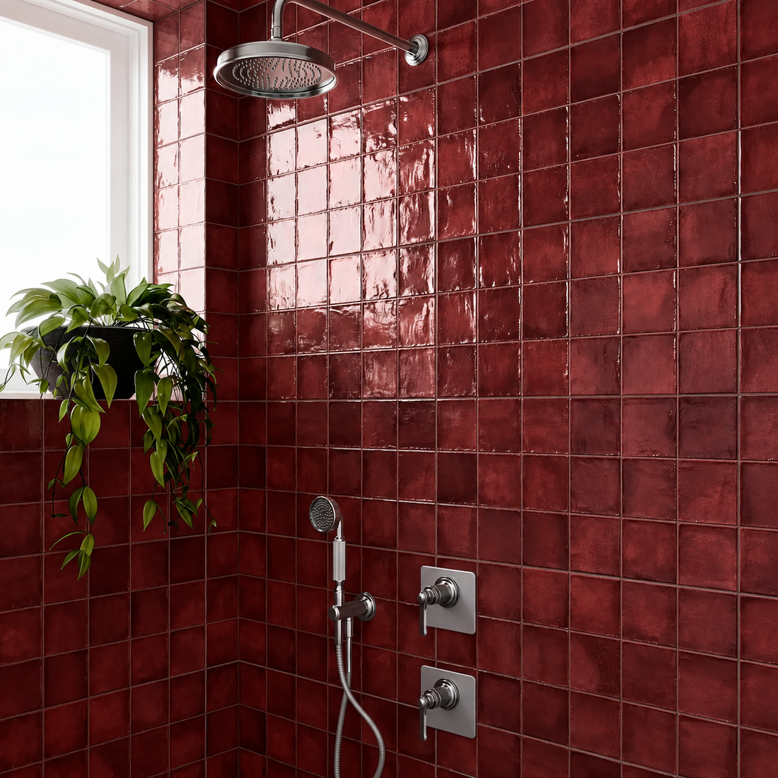 Dakota Port burgundy gloss zellige effect tiles on shower walls with chrome fittings and a trailing plant.