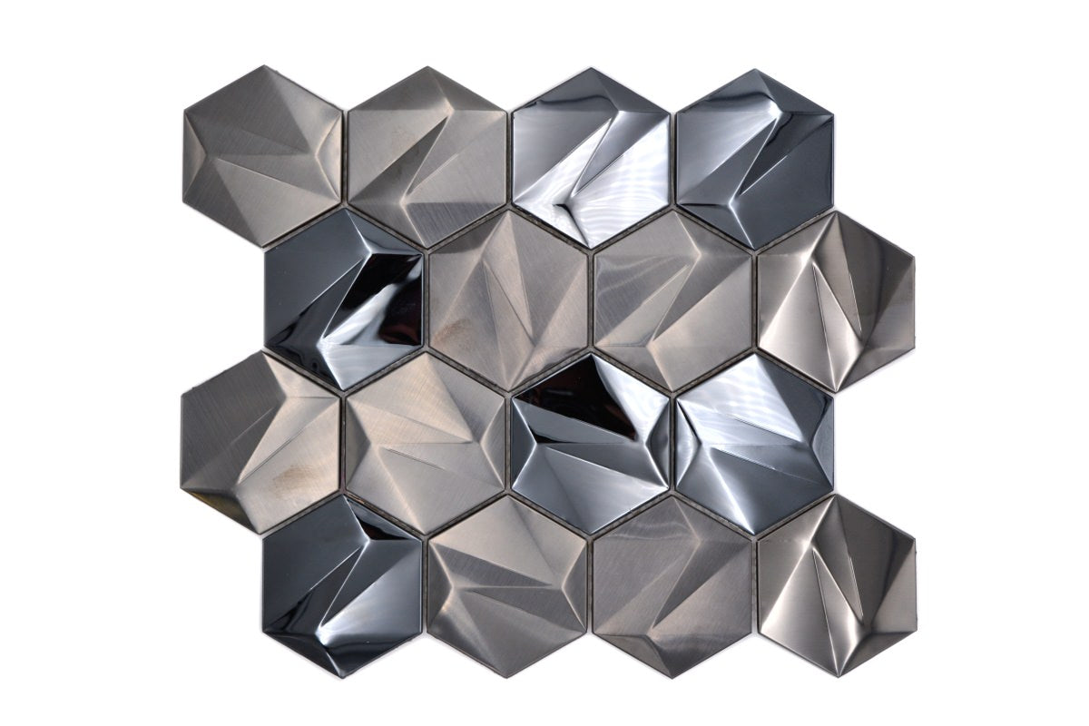 Glossy Brushed Mix Metal Hexagon Dark Grey Mosaic by Luxury Tiles 