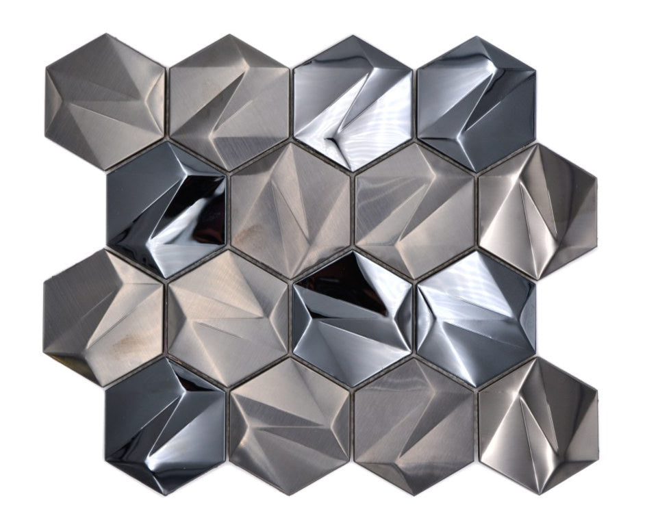 Glossy Brushed Mix Metal Hexagon Dark Grey Mosaic by Luxury Tiles 