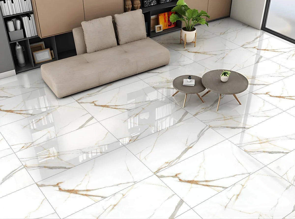 Deluxe Gold Leaf Ultra Porcelain Gloss White Marble Effect Tiles - Luxury Tiles UK