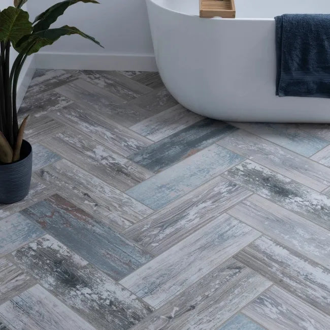 Disstressed Blue Matt Wood Effect Bathroom Floor Tiles