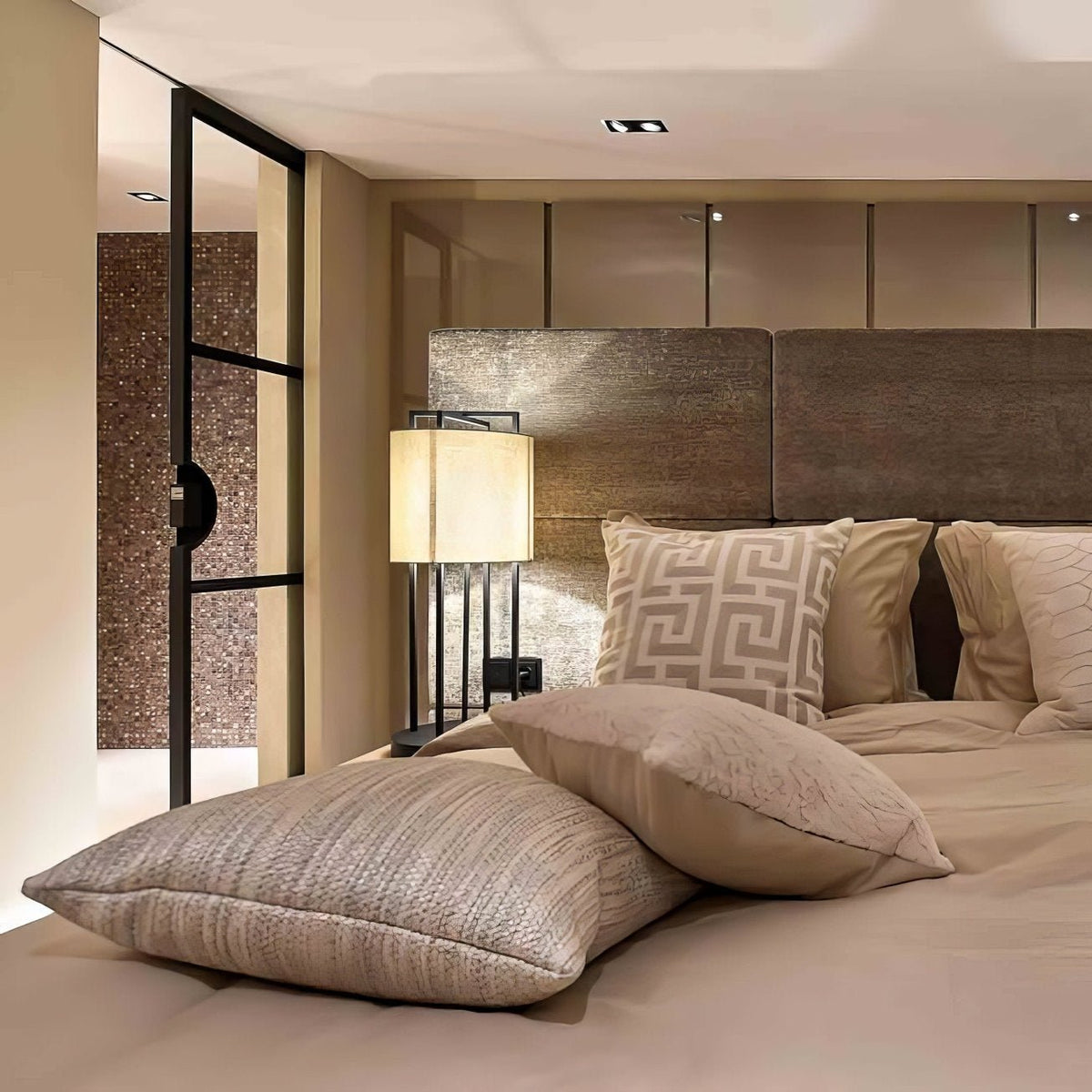 Interior feature wall using dove grey polished shell mosaic tiles in contemporary living space