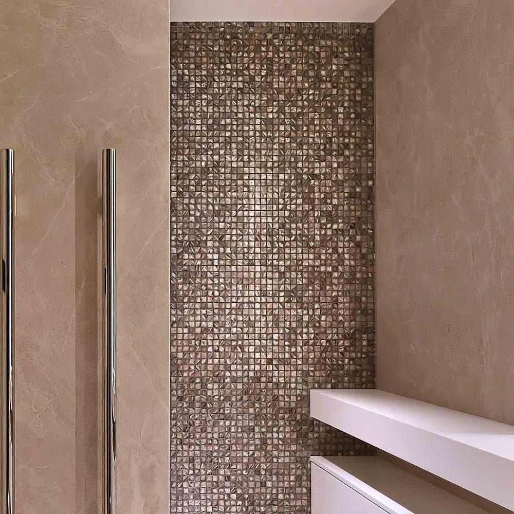 Dove Grey mother of pearl mosaic tiles 25mm square polished sheet detail showing natural shell texture