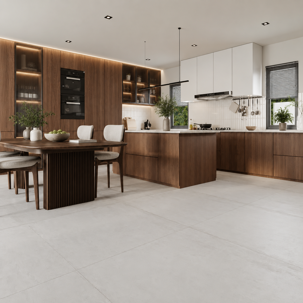 Driftwood Grey 1000x1000mm concrete-effect porcelain floor tiles in a luxury walnut and white kitchen with dining area.