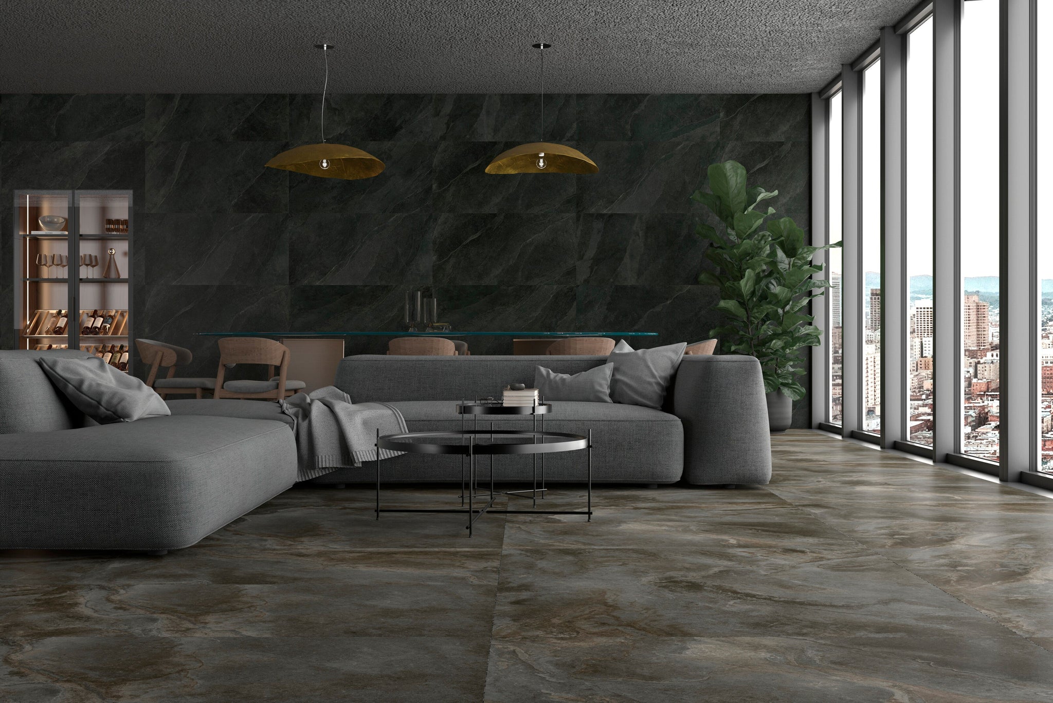 Rectified graphite stone effect porcelain tile in 60x120 format