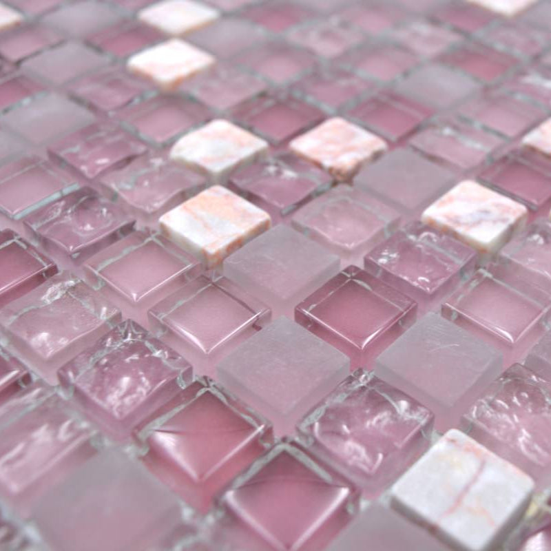 Close Up Emilia Pink Glass Natural Stone Mosaic Tile