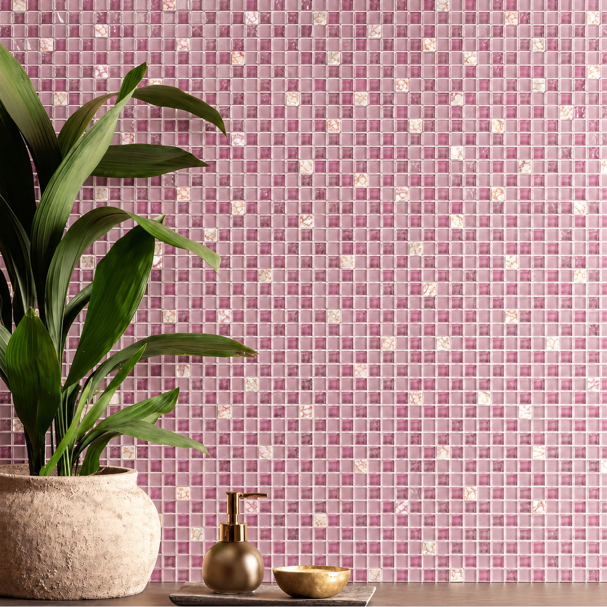 Pink glass and stone mosaic tiles splashback 