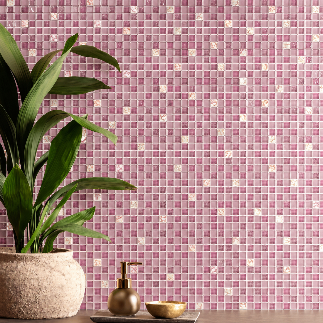 Pink glass and stone mosaic tiles splashback 
