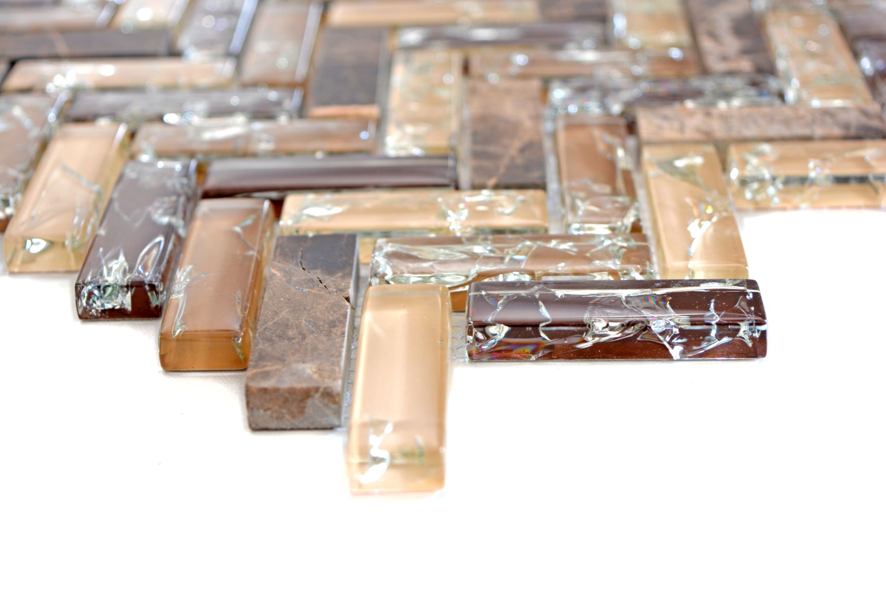 Emperador marble and cracked glass herringbone mosaic tiles in polished brown and beige tones