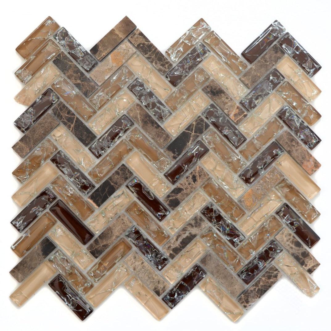 Luxury bathroom wall featuring Emperador marble and cracked glass herringbone mosaic tiles