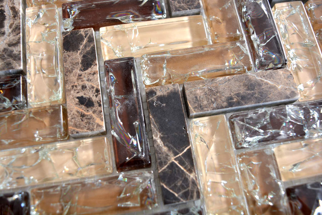 Emperador Marble & Cracked Glass Herringbone Mosaic Tiles - Luxury Bro