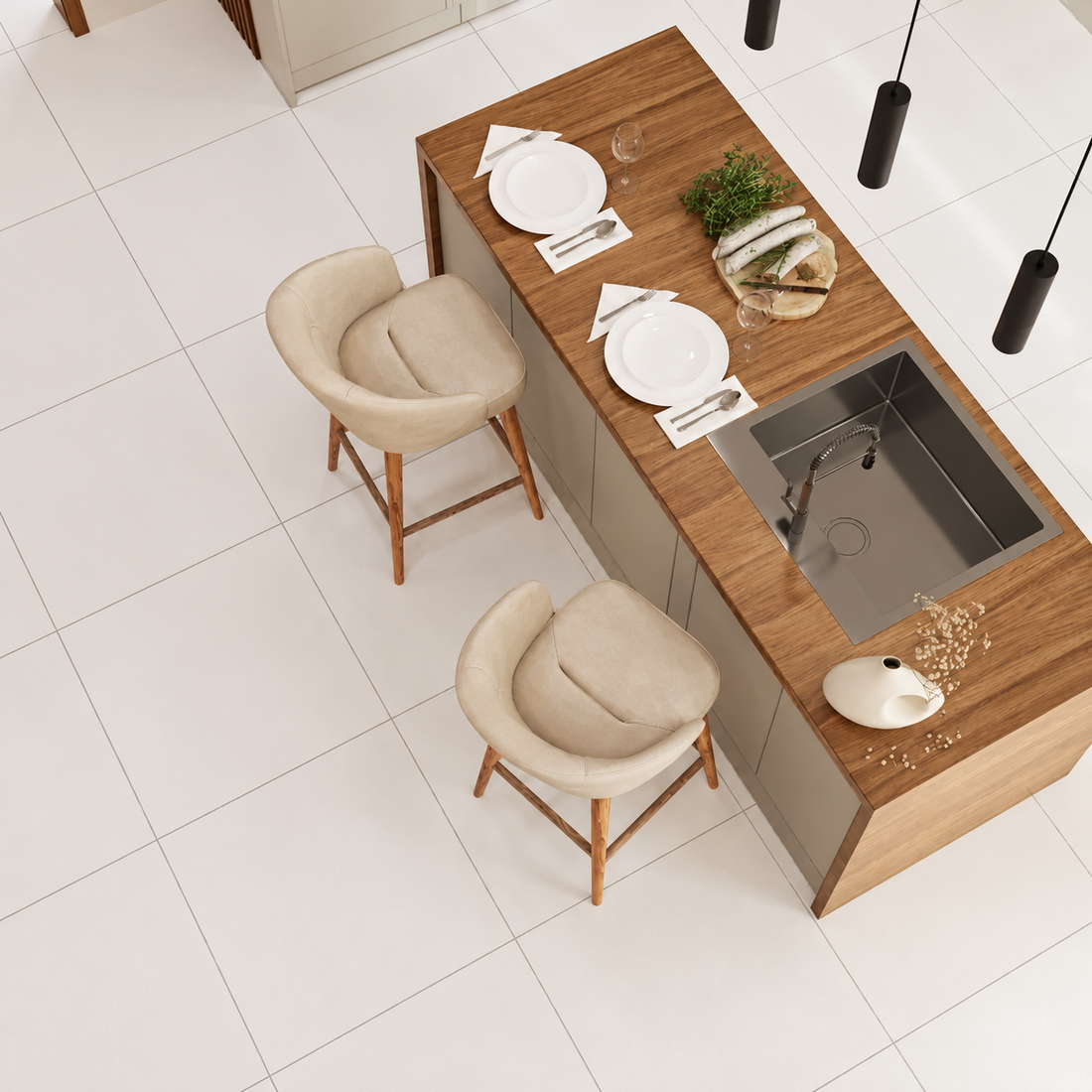 White 600 × 600mm matt porcelain floor tiles surrounding an oak-topped kitchen island with cream stools