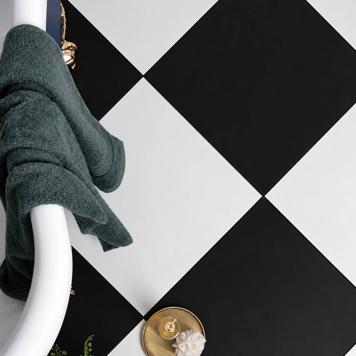 Extreme Matt White and Black porcelain tiles in a diagonal checkerboard bathroom floor beside a freestanding bath