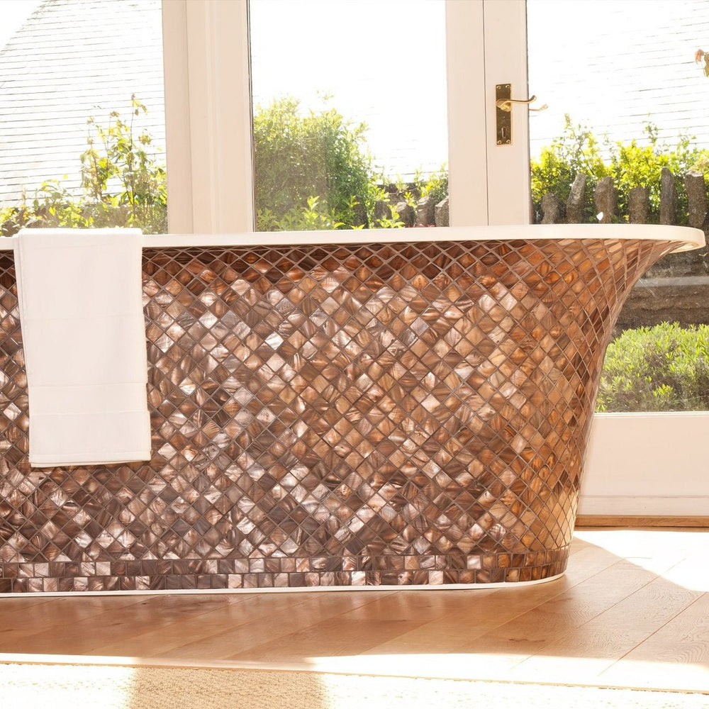 Gentle Earth mother of pearl mosaic tiles 25mm square polished shell sheet showing natural earthy tones and iridescent finish