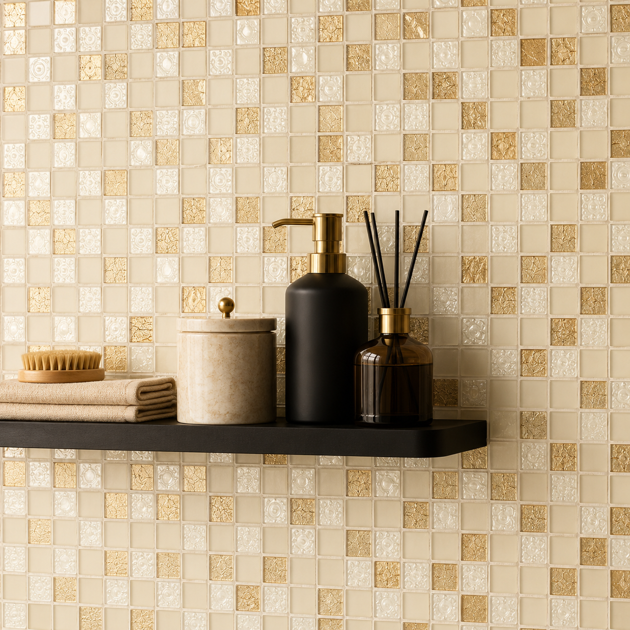 Gold and beige glass mosaic splashback 