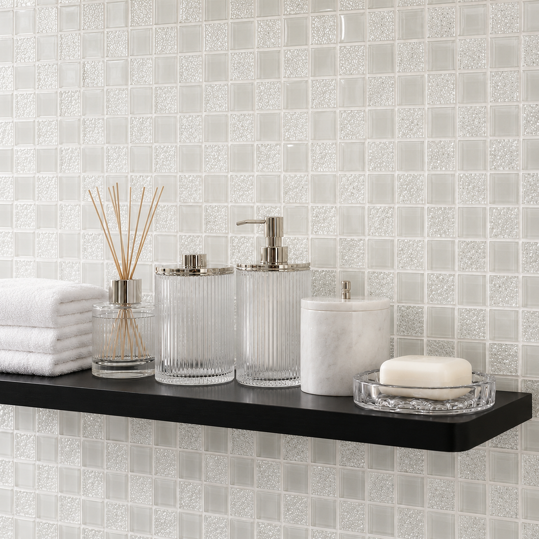 white crystal effect glass mosaic bathroom tiles 