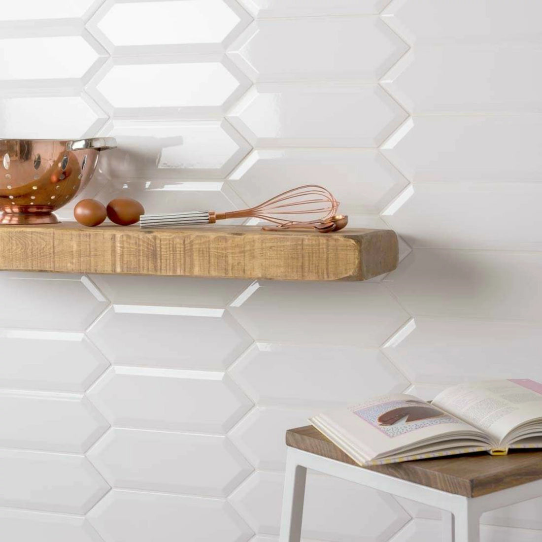 Hexagonal white tiles on a wall 