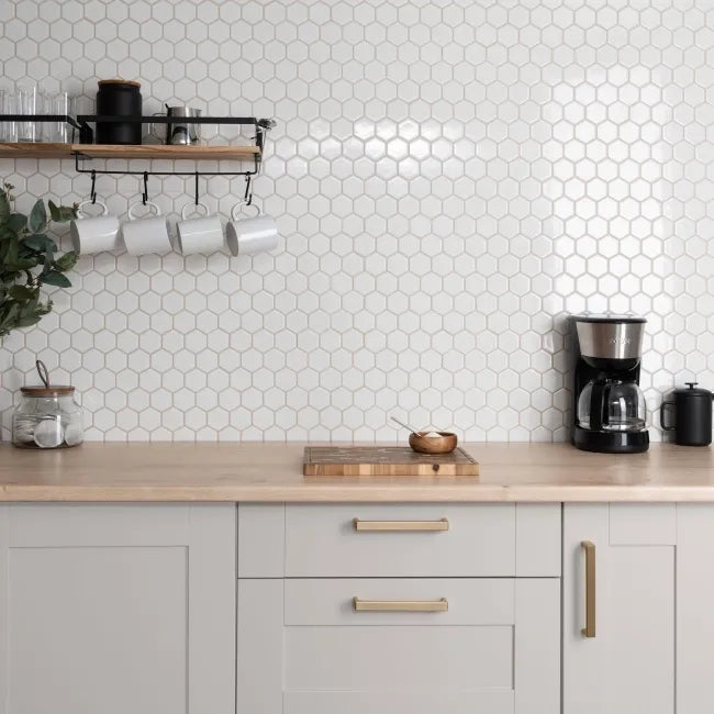 gloss white hexagon kitchen wall décor 