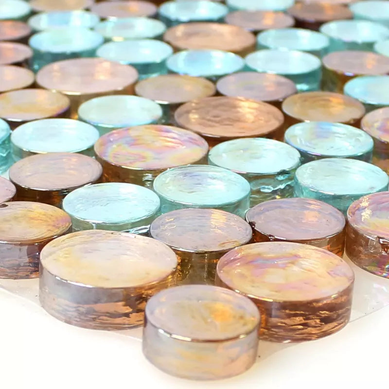 Glossy round glass mosaic tiles in blue, cyan and brown for swimming pool and bathroom walls