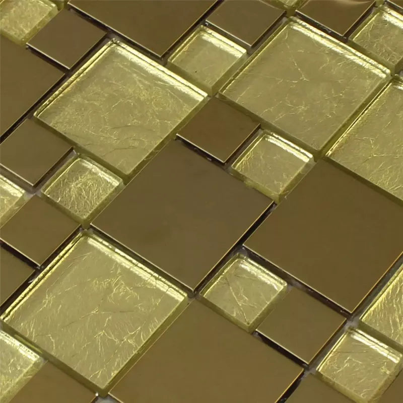 Close up gold glass stainless steel mosaic tiles glossy finish mixed square pattern detail