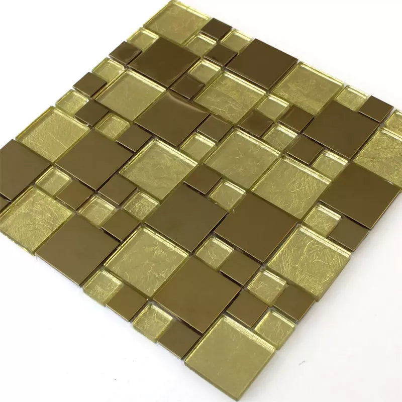 Gold mosaic tile kitchen backsplash splashback glossy glass and metal wall tiles modern interior design