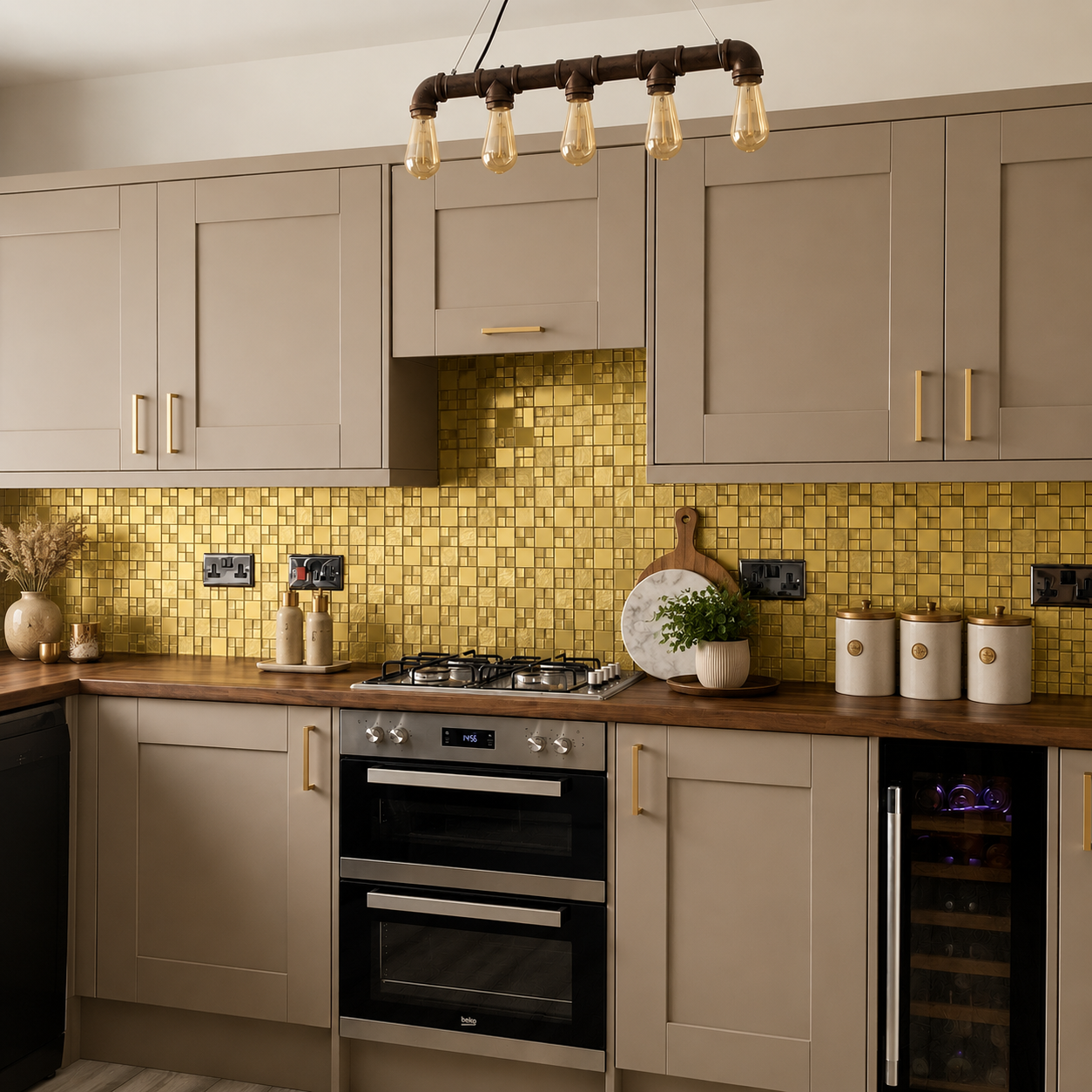gold glass and metal kitchen splash back 