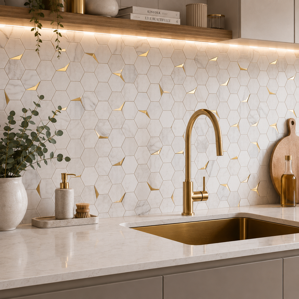 hexagon marble gold mosaic tile in kitchen