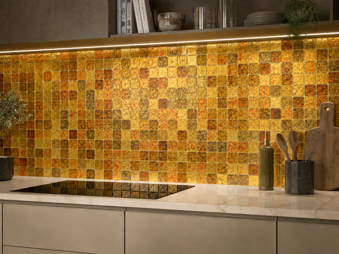 golden brown bronze leaf kitchen splashback shot 