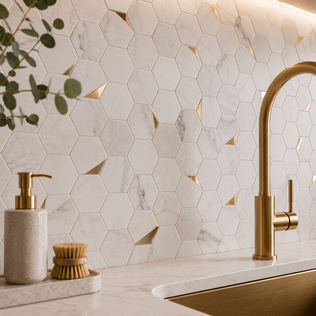 Gold Marble Hexagon Mosaic Tiles on kitchen