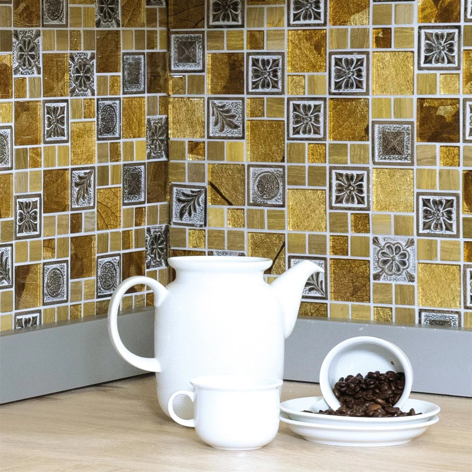 Gold pattern mosaic with white grout lines 