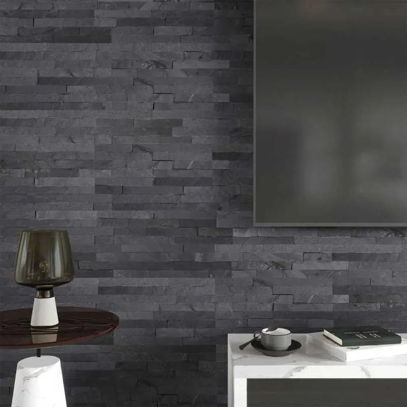 Slate grey split face wall tiles living room cladding 