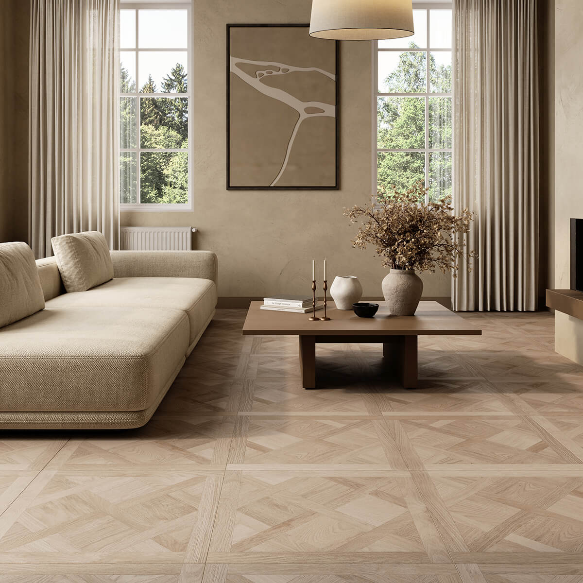 Hamptons Parquet Wood Effect Floor Tile 60x60cm installed in an elegant neutral living room, creating a light oak parquet-style floor with geometric detailing.
