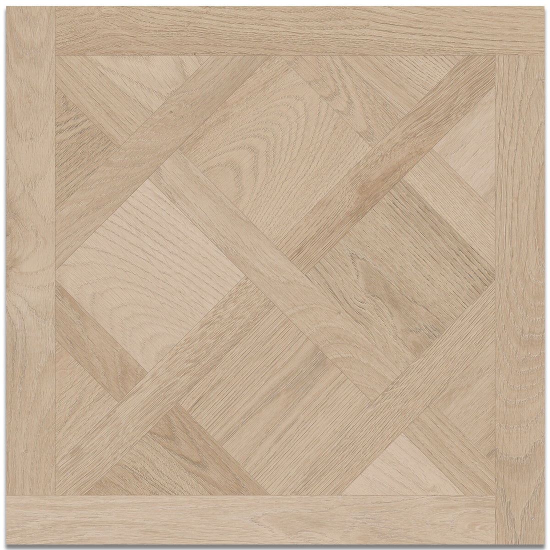Hamptons Parquet Wood Effect Floor Tile 60x60cm in a light natural oak tone with geometric parquet pattern and framed border detail.