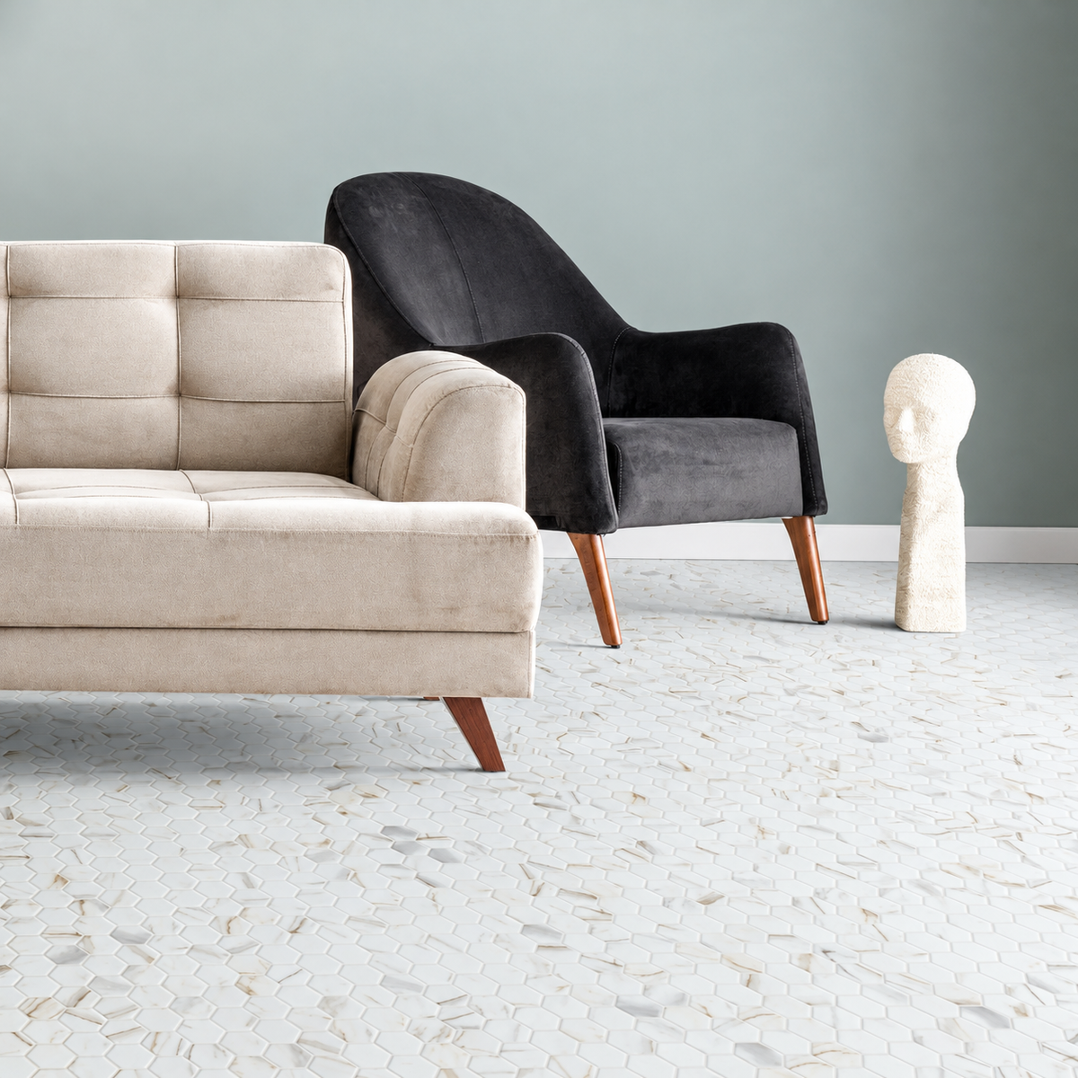 Hex XL Calacatta Gold glass mosaic sheet with 51mm white marble-effect hexagons and a matt finish.