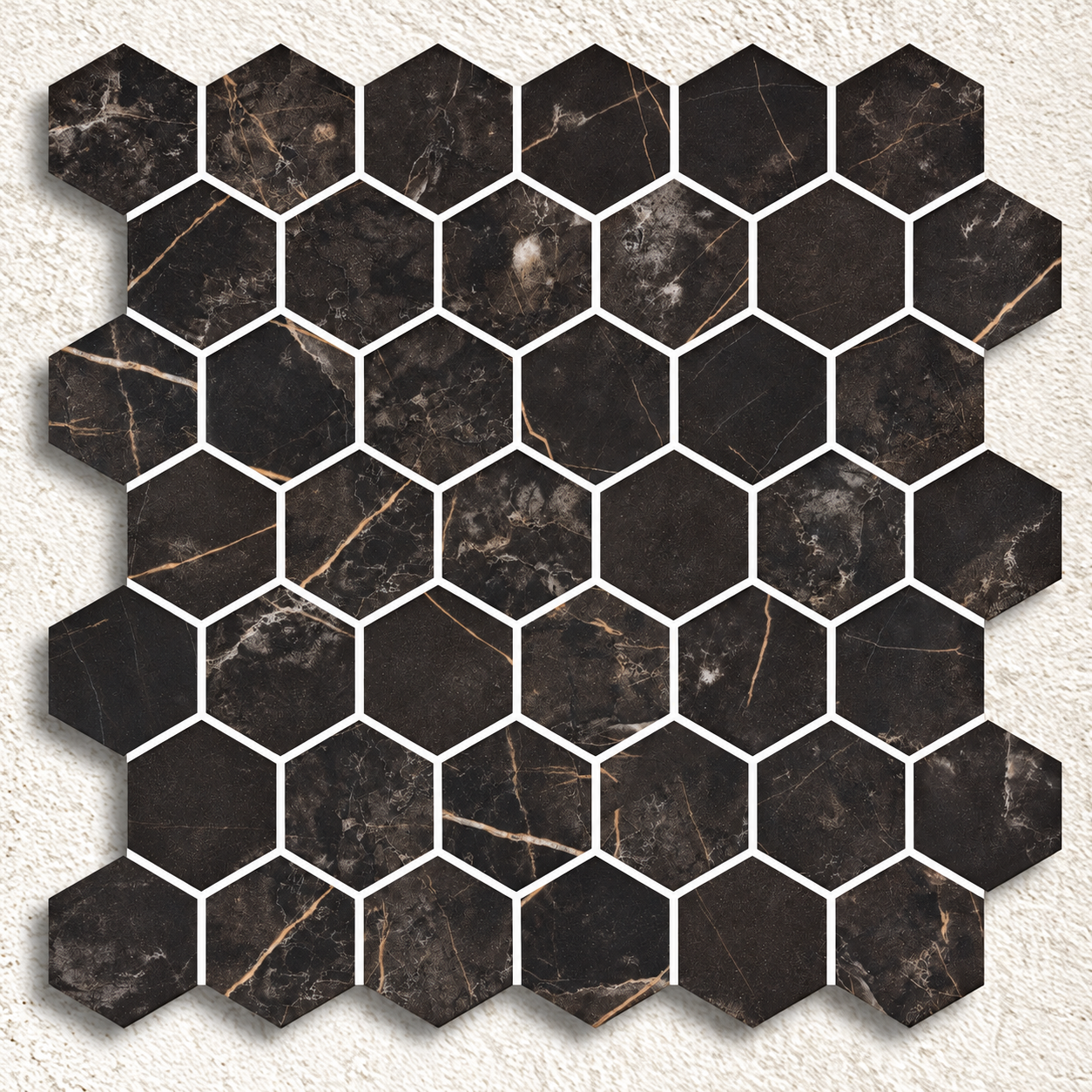 Hex XL Coimbra matt glass mosaic sheet with 51mm charcoal-brown hexagons and fine warm marble-effect veining.