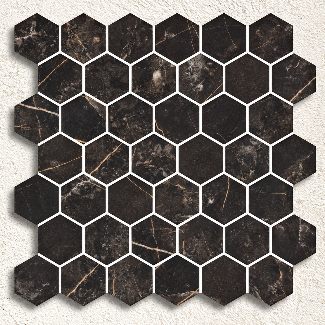 Hex XL Coimbra matt glass mosaic sheet with 51mm charcoal-brown hexagons and fine warm marble-effect veining.