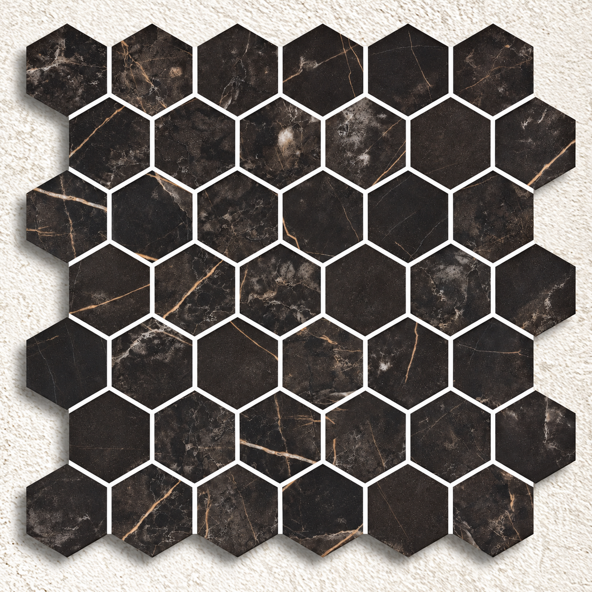 Hex XL Coimbra matt glass mosaic sheet with 51mm charcoal-brown hexagons and fine warm marble-effect veining.