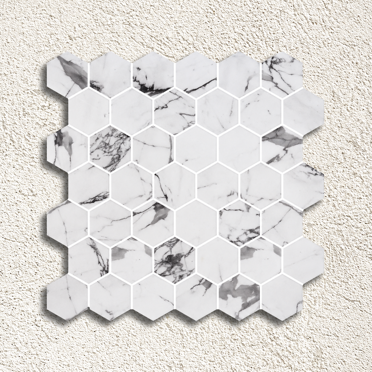 Hex XL Fosco matt glass mosaic sheet with 51mm white hexagons and grey marble-effect veining.