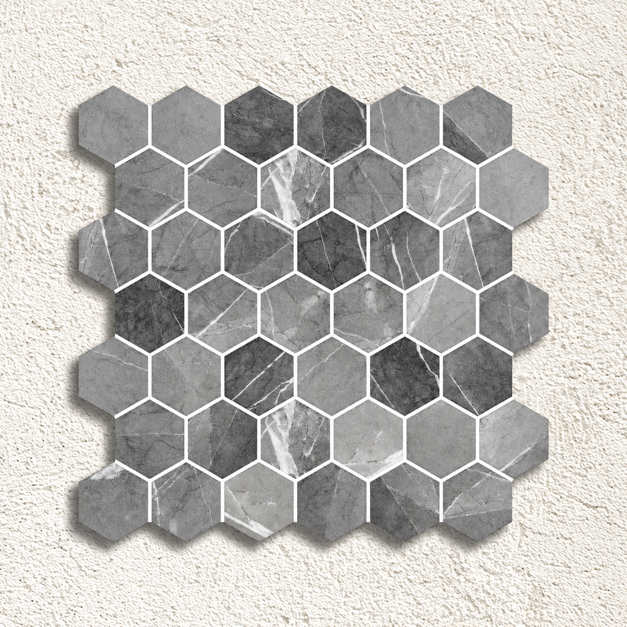 Hex XL Grafito matt glass mosaic sheet with grey and charcoal marble-effect hexagons and fine white veining