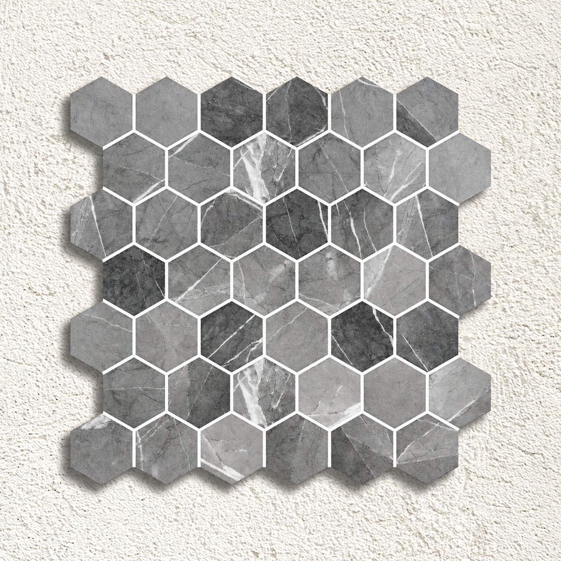 Hex XL Grafito matt glass mosaic sheet with grey and charcoal marble-effect hexagons and fine white veining
